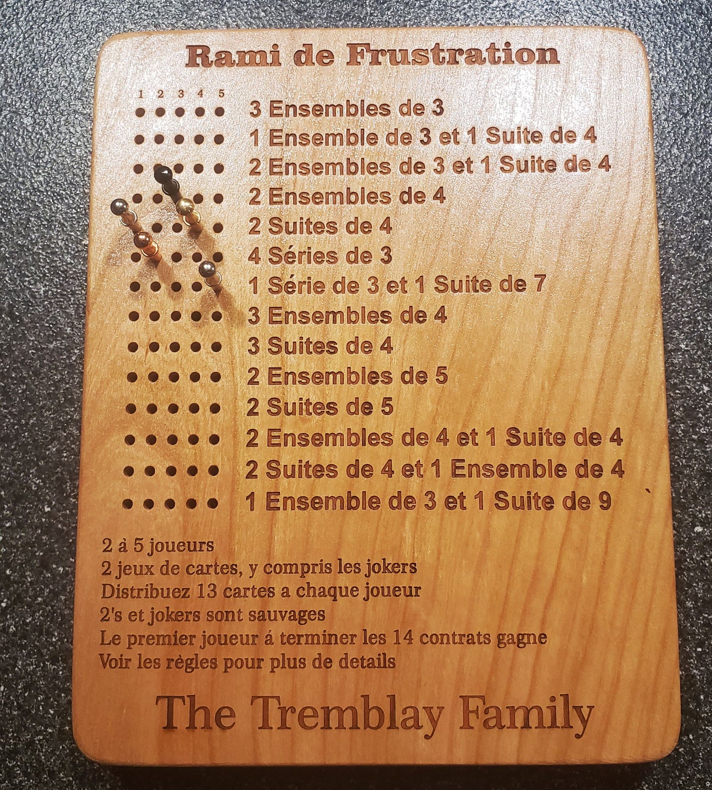 FRENCH Frustration Rummy 5 Player Scoreboard with Peg Storage