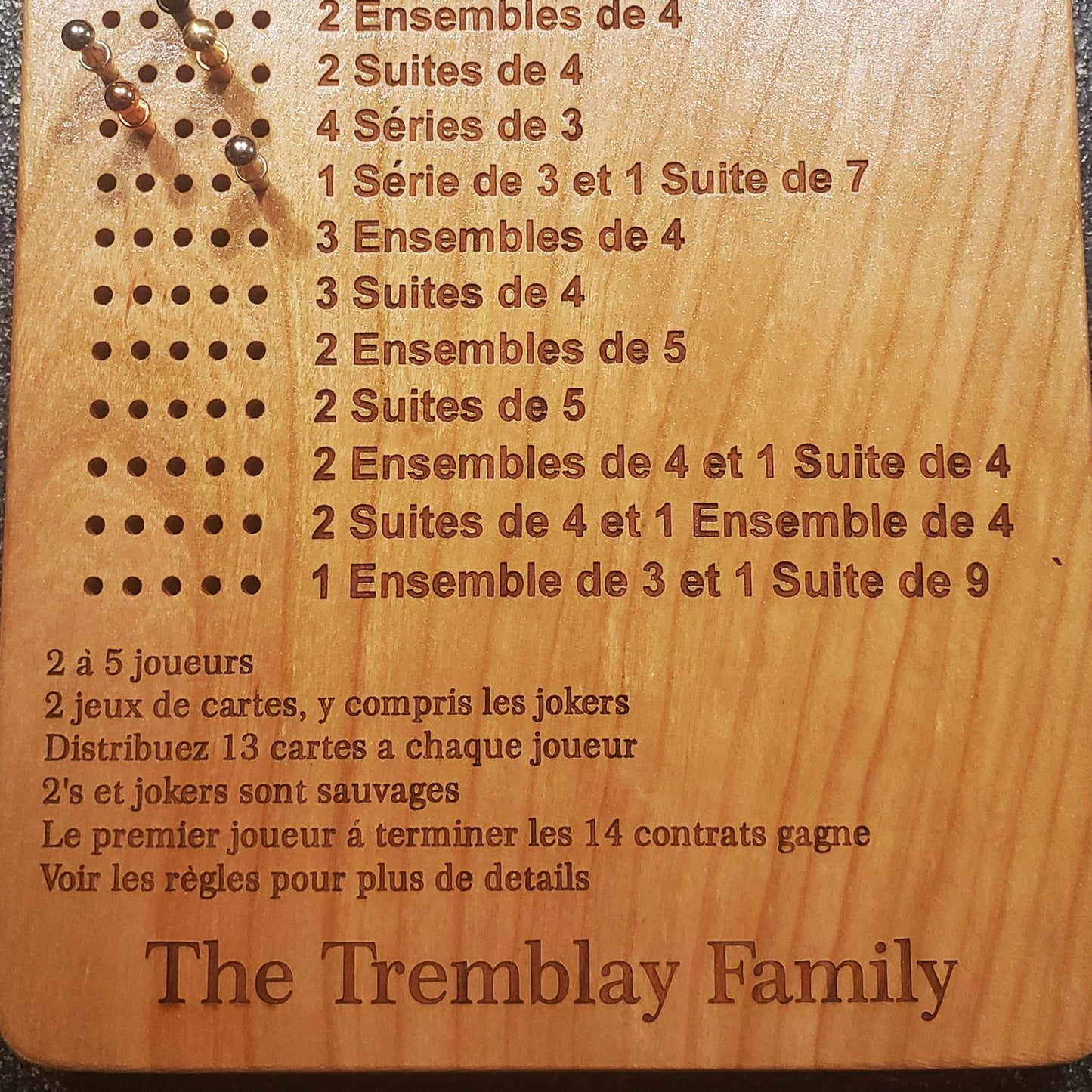 FRENCH Frustration Rummy 5 Player Scoreboard with Peg Storage