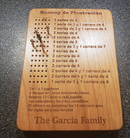 SPANISH Frustration Rummy 5 Player Scoreboard with Peg Storage